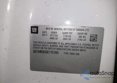 2012 Chevrolet Impala Lt z USA, uszkodzony, nr VIN 2G1WB5E30C1151393